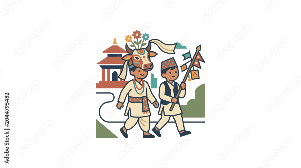 Obraz premium Gai Jatra Festival Celebration Illustration with Nepali Children