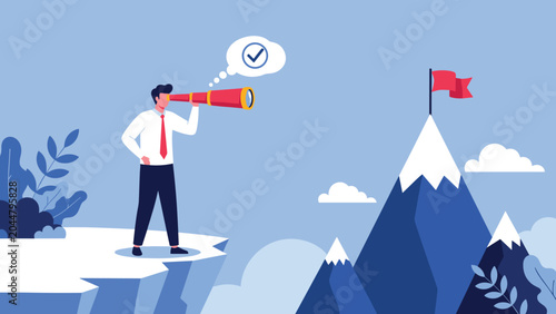 Determined businessman looking through telescope towards a red flag on mountain peak to plan his path to success.