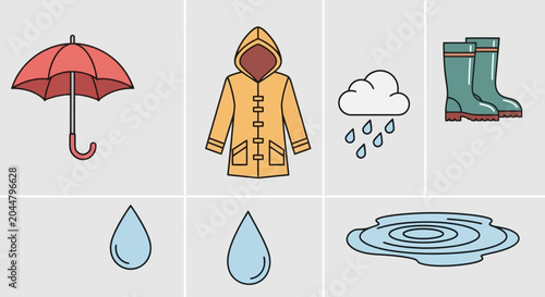 Cuadro en lienzo A vibrant vector collection of flat line icons representing rainy weather essent