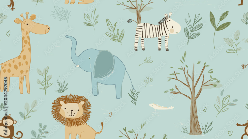 Fototapeta premium Safari animals pattern with giraffes, elephants, and lions on a light blue background. Cute cartoon jungle animals seamless pattern