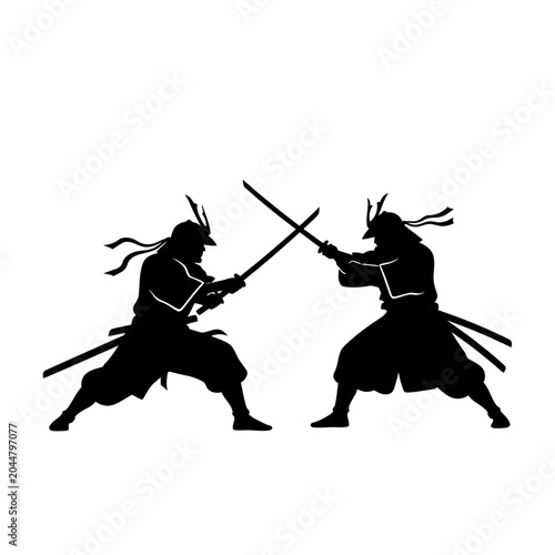 Foto Silhouette of two samurai warriors engaged in a sword fight.