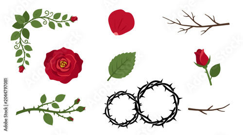 Collection of Red Rose Flowers Leaves and Thorns Elements.