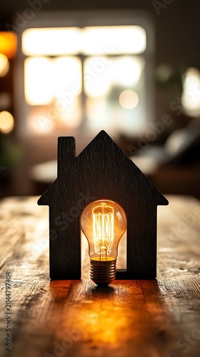 Warm lightbulb illuminates a wooden house model for sustainable living concepts