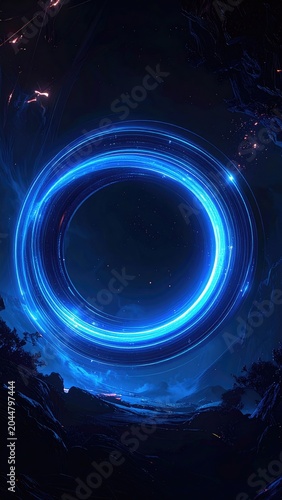A glowing blue cosmic portal swirls in a dark, star-filled void, hinting at other dimensions