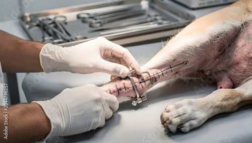 Ultra-realistic veterinary traumatology concept with hands examining completed work, clean operating field, animal surgery verification, soft light, premium realistic photo style