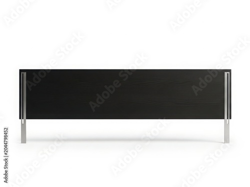 Modern black wooden bench with sleek metal legs against a white background