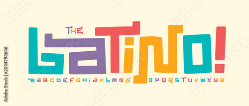 Latino Music Fest Font Logo Alphabet Cartoon Letter Set Modern Typography, Comic Typographic Design for Carnival Colorful Headline, Comic Lettering Logotype, Bouncy Tee Fonts. Vector Typeface