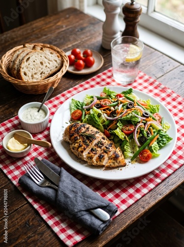 Healthy grilled chicken salad meal on rustic wooden table with fresh bread and sides