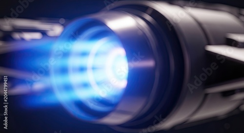 Close-up of a futuristic jet engine with a vibrant blue exhaust.
