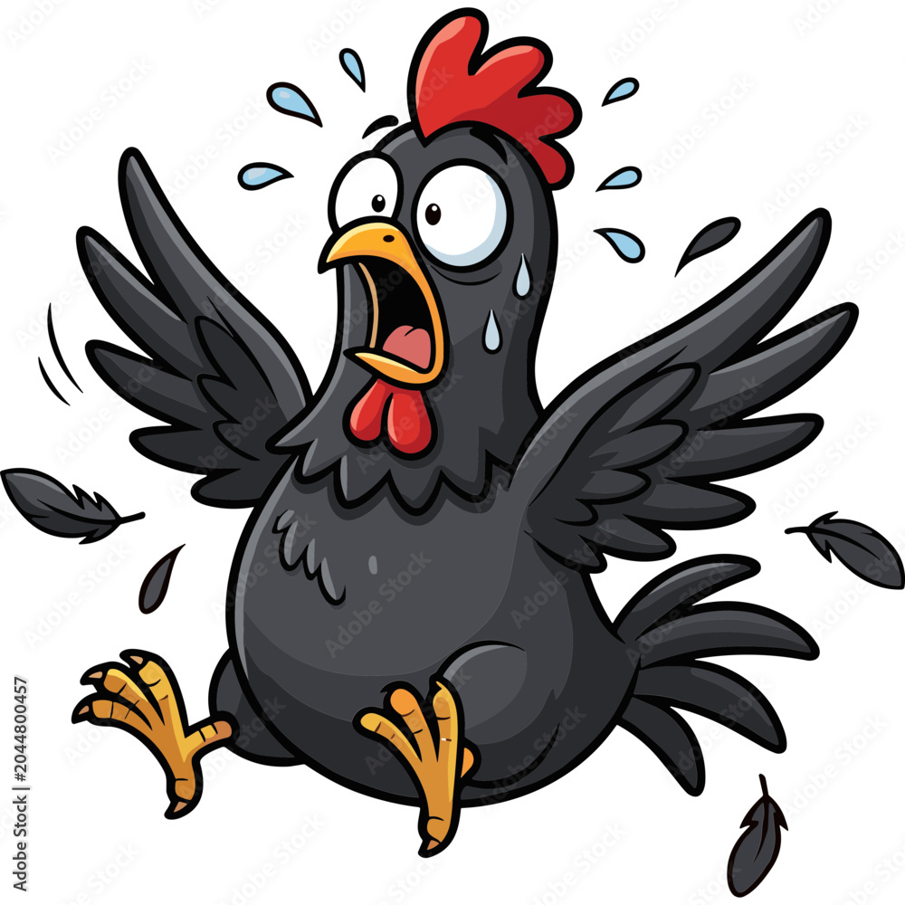 Fototapeta premium A cartoon chicken is shocked and running with feathers flying around it.