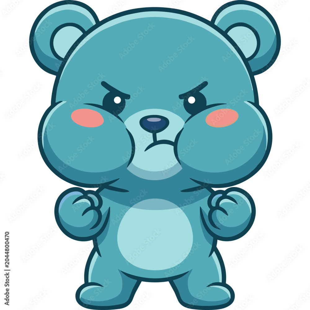 Obraz premium A cartoon blue bear with an angry expression and blush cheeks stands fists clenched.