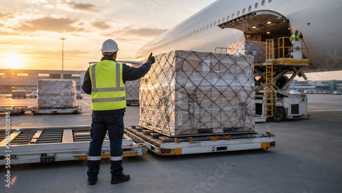 Air cargo logistics worker inspecting freight pallets near an aircraft