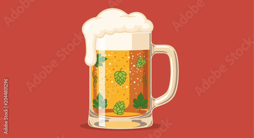 Canvas Print Glass of Craft Beer with Fresh Hops Illustration