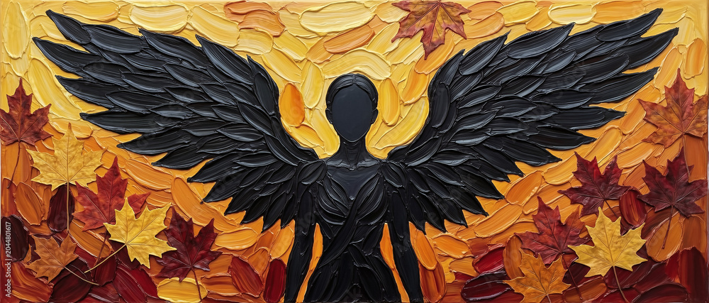 Naklejka premium A dark angel with spread wings is set against a textured autumn background filled with warm-colored falling leaves.