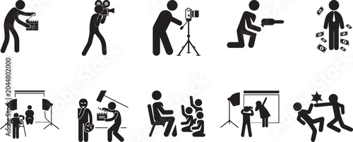 Photos Film, photography, videography icons, black silhouette set, 13 graphic elements
