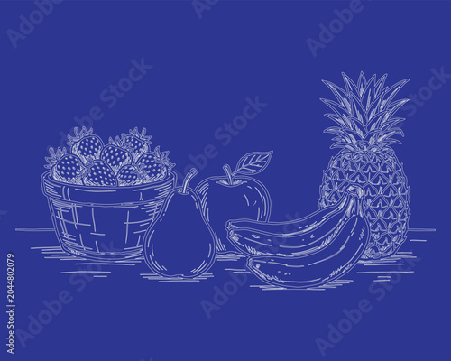 A white line drawing of fruit on a blue background including a basket of strawberries, a pear, bananas and a pineapple