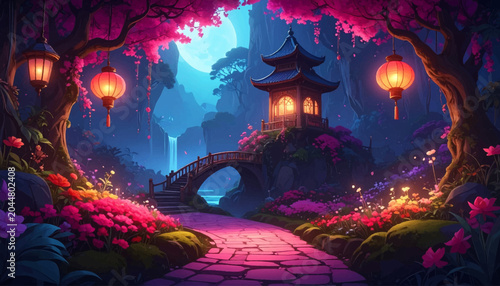 Moonlit pavilion offers warm windows above floral bridge. Hanging lanterns enrich dreamy forest lodging concepts. Pink garden walkway creates intimate fantasy hospitality