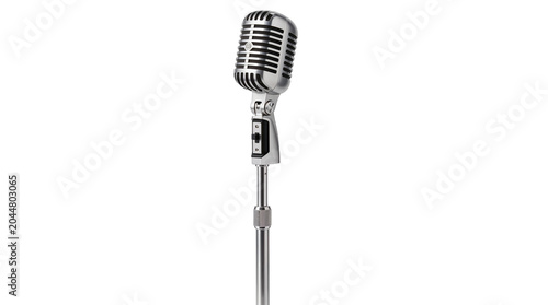 Classic vintage chrome vocal microphone on adjustable straight metal stand isolated on transparent background