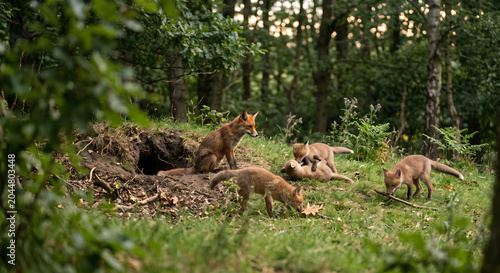 Foto A mother fox watching over her playful kits outside their den in a lush green fo