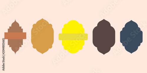 Collection of five colorful decorative islamic shapes in various styles and colors on light pink background