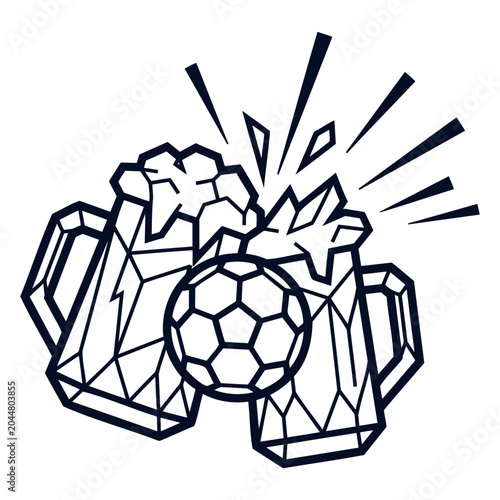 Black and white illustration of a soccer ball hitting two drink mugs