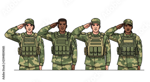 Schilderij op canvas Diverse soldiers saluting in camouflage uniforms on white background