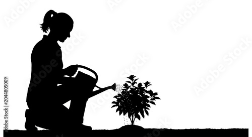 Slika na platnu Woman Watering Small Green Plant Silhouette.