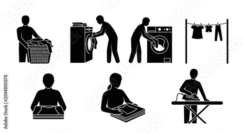 Foto People doing laundry and ironing clothes.