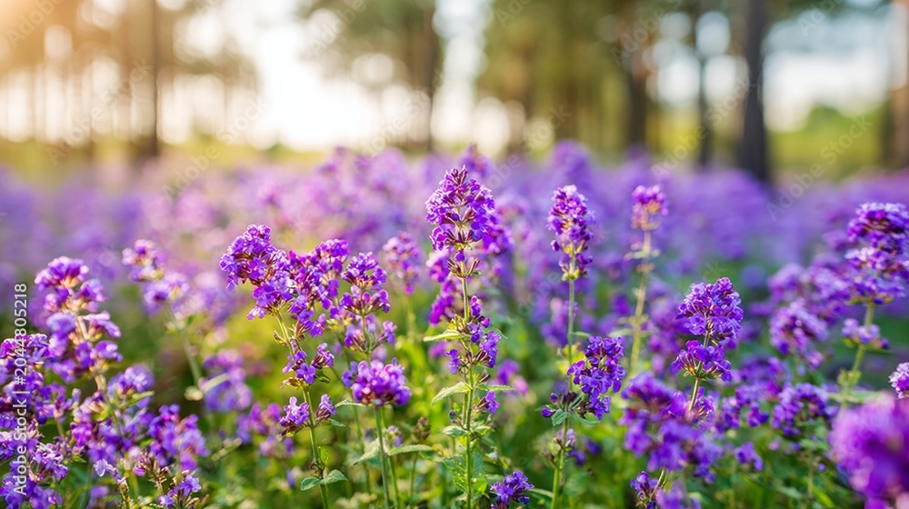 Obraz premium Purple flowers blooming in a natural field, soft focus background creating a serene spring atmosphere at golden hour