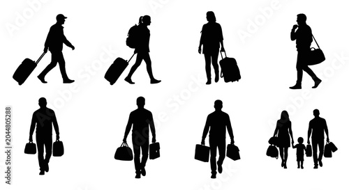 Photos People walking with luggage silhouettes.