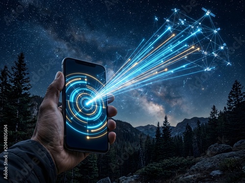  Smartphone Connected to Global Satellite Network in Remote Nature Concept