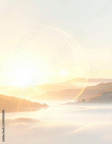 Soft, hazy sunrise over misty hills and water