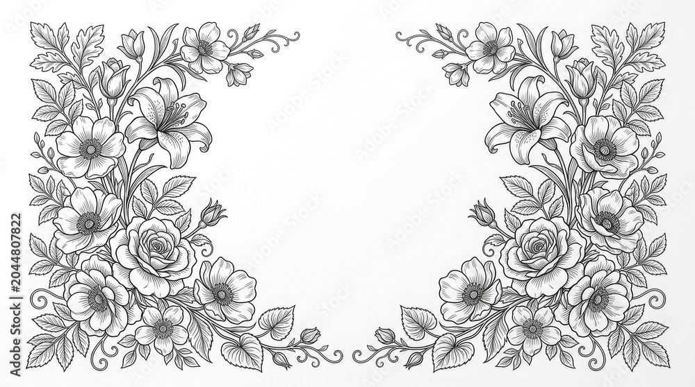 Fototapeta premium Black and white floral border design with roses and lilies