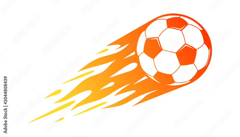 Fototapeta premium Vector illustration of a soccer ball on fire, flaming football icon moving at high speed, dynamic sports design element for tournaments, championships, and athletic branding