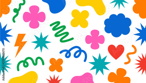 Abstract seamless pattern with colorful geometric shapes, handdrawn doodles, stars, hearts, and organic blobs