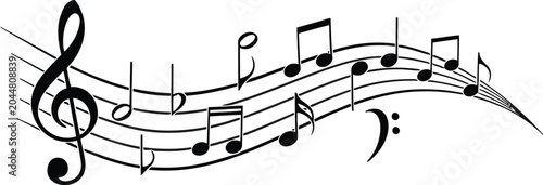 Black music notes and treble clef on flowing musical staff lines for a creative design element