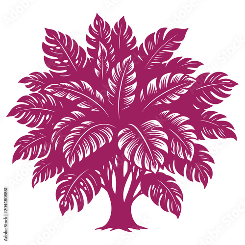 Vibrant purple tropical plant illustration with lush leaves isolated on a white background