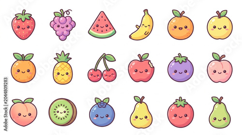 Foto Collection of cute kawaii cartoon fruits with faces.