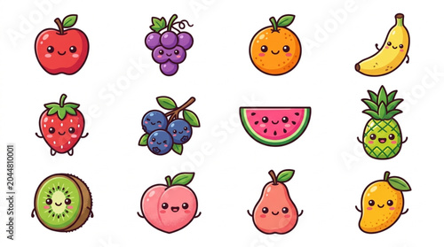 Collection of Cute Kawaii Fruit Characters with Happy Faces.