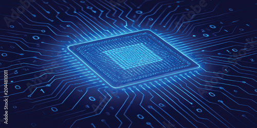 Foto Central processing unit computer microchip on electronic circuit board background with digital binary code data patterns