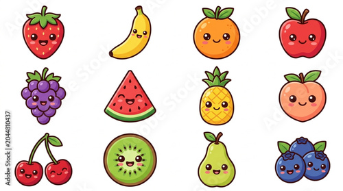 Collection of Cute Kawaii Fruits with Faces.