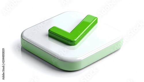 Glossy white square with green checkmark, representing approval, success, or completion