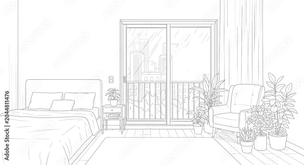 Fototapeta premium Bedroom Interior Line Art Illustration with Sliding Glass Door and Houseplants