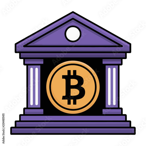 Stylish vector of a classical temple building featuring a bitcoin symbol prominently displayed inside it.