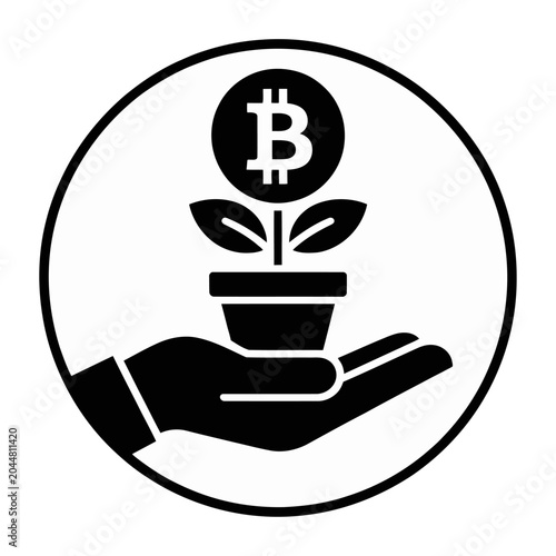 Vector of hand holding a potted plant with a bitcoin symbol growing from it symbolizing cryptocurrency investment and growth