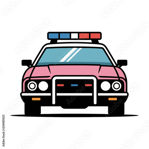 Vector of a pink police car with flashing red and blue emergency lights on the roof