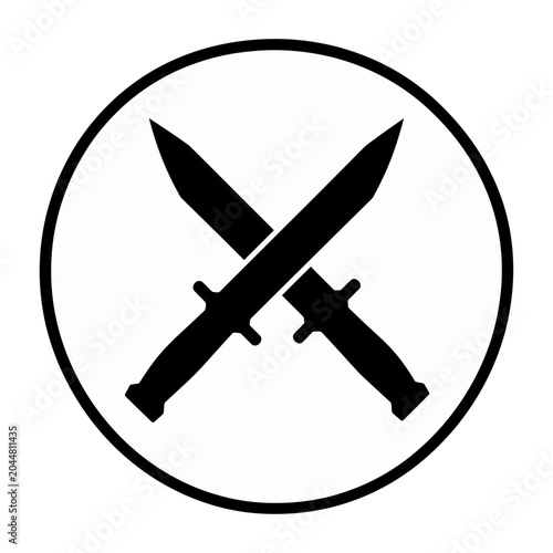 Vector of crossed swords inside a circular prohibition sign indicating no weapons allowed