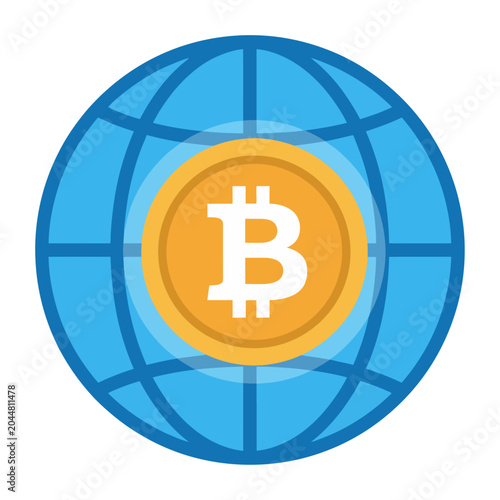 Colorful vector of globe with a bitcoin symbol integrated at its center representing cryptocurrency and global finance.