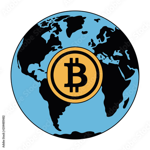 Vibrant vector of globe with a prominent bitcoin symbol overlaying the americas and europe.