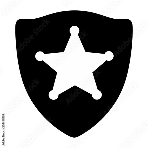 Sleek vector design featuring a black shield emblem with a white five-pointed star and small circular details inside it.